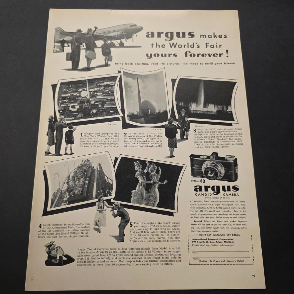 1939 Argus Candid Camera New York World’s Fair Vintage Print Ad Photography